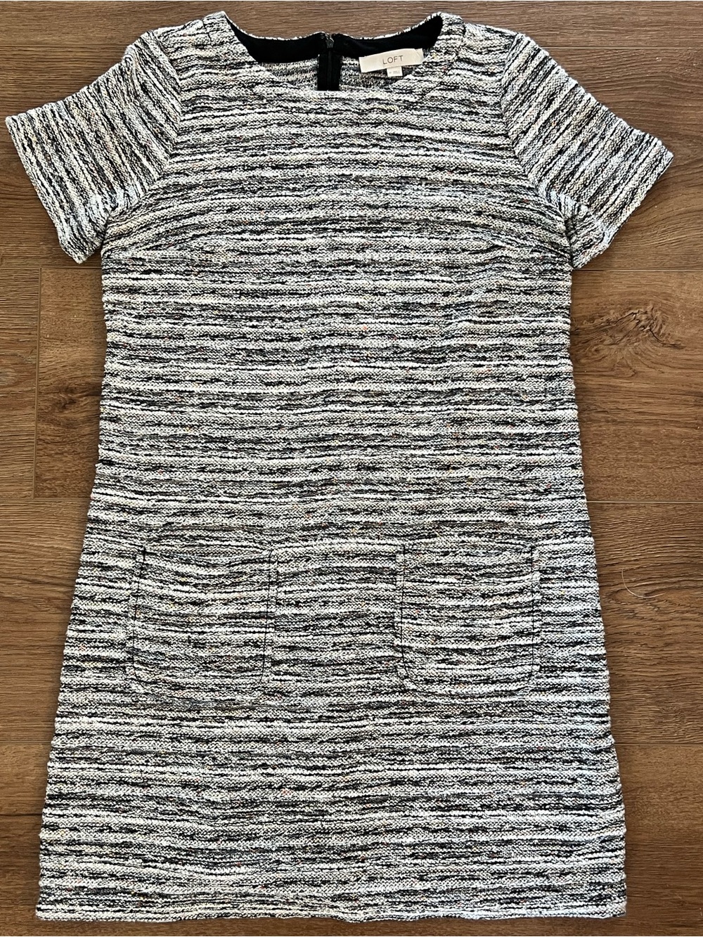 LOFT Black & White Striped Textured Knit Short-Sleeve Dress